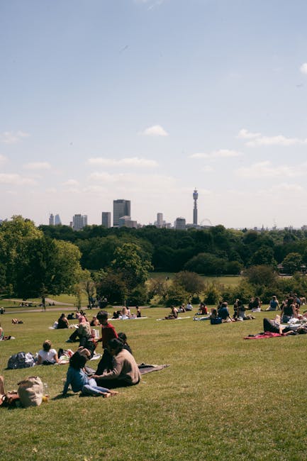 A wide outdoor scene in a park with a grassy area where numerous people are seated on blankets or on the grass, some in small groups and others alone, enjoying a sunny day. In the background, there ar